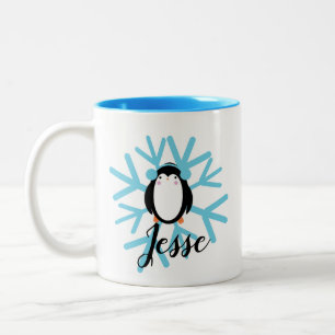 Niedlicher Pinguin Blue Snowflake Individuelle Nam Zweifarbige Tasse