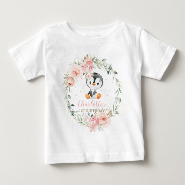 Niedlicher Pinguin Blush Floral 1. Geburtstagsklei Baby T-shirt (Vorderseite)