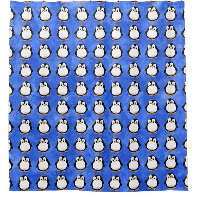 Niedlicher Pinguin Cartoon Custom Blue Watercolor Duschvorhang (Vorderseite)