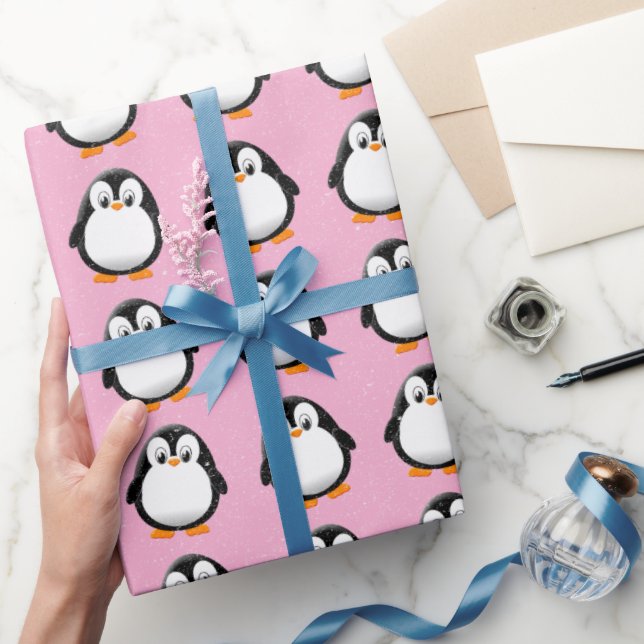 Niedlicher Pinguin-Cartoon Custom Winter Pink Geschenkpapier (Schenken)