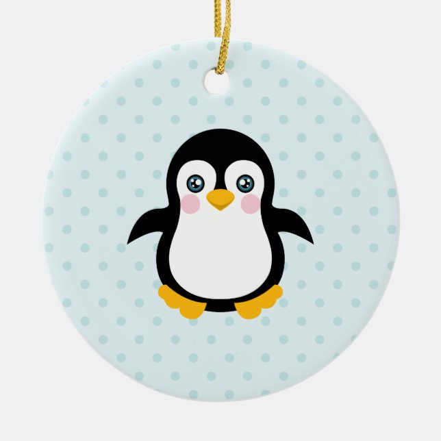 Niedlicher Pinguin Design Blue Polka Dot Hintergru Keramikornament (Vorne)