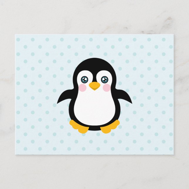Niedlicher Pinguin Design Blue Polka Dot Hintergru Postkarte (Vorderseite)