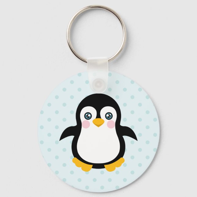 Niedlicher Pinguin Design Blue Polka Dot Hintergru Schlüsselanhänger (Vorderseite)