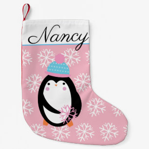 Niedlicher Pinguin hält Schneeflocken Kleiner Weihnachtsstrumpf