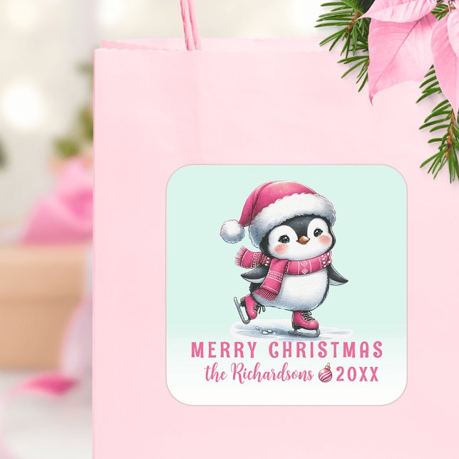 Niedlicher Pinguin Ice Skater Minze und Pink Weihn Quadratischer Aufkleber (Von Creator hochgeladen)