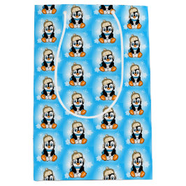 Niedlicher Pinguin im Wintersportort mit Snowballs Mittlere Geschenktüte