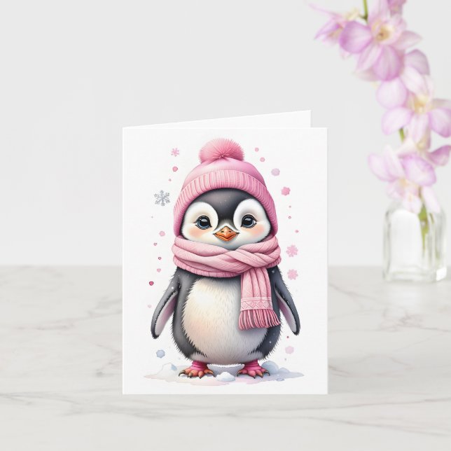 Niedlicher Pinguin in Pink Hat und Scarf Blank Wei Karte (Orchidee)