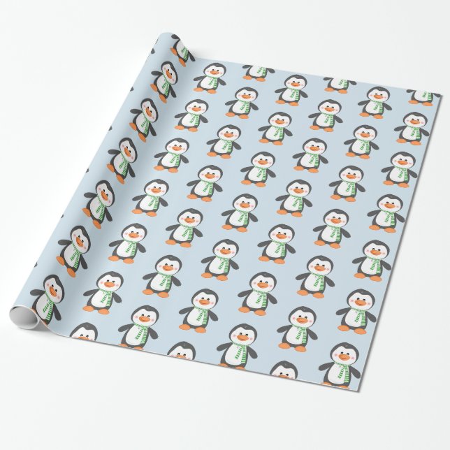 Niedlicher Pinguin in Scarf, blau und grün Geschenkpapier (Ungerollt)