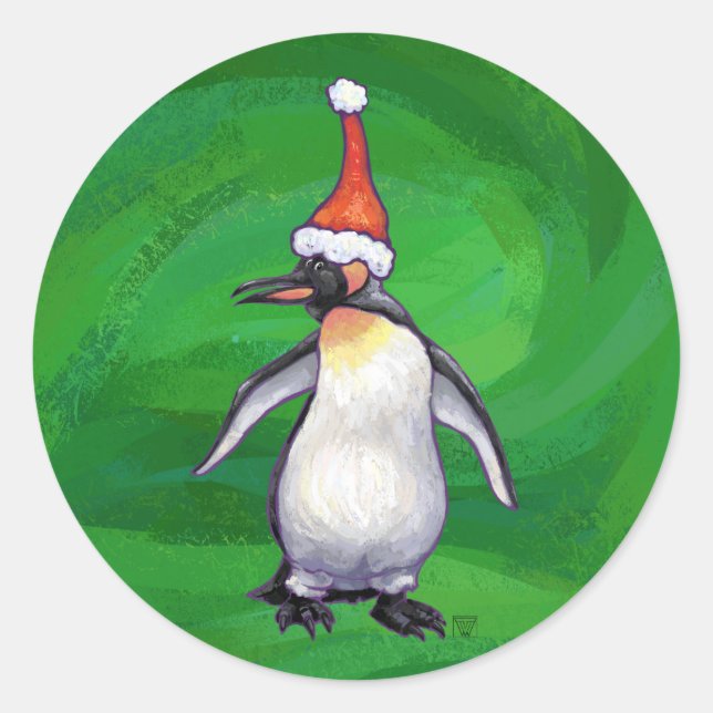 Niedlicher Pinguin in Weihnachtsmannmütze auf Gree Runder Aufkleber (Vorderseite)