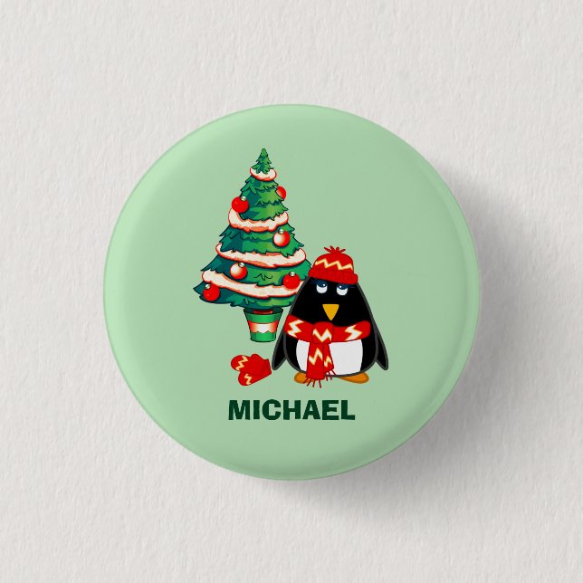 Niedlicher Pinguin Individuelle Name Weihnachtsges Button (Vorderseite)