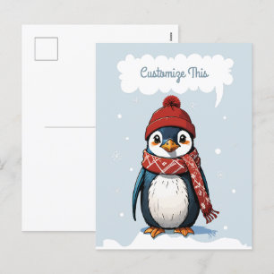 Niedlicher Pinguin mit Beanie und Scarf im Schneef Feiertagspostkarte
