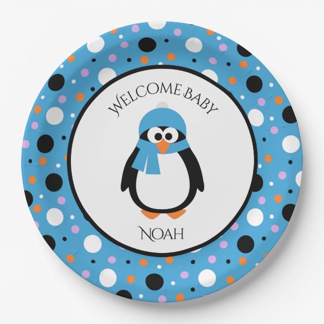 Niedlicher Pinguin mit Blahut und Scarf Polka-Dots Pappteller (Vorderseite)