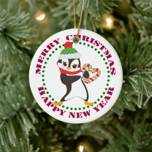 Niedlicher Pinguin mit Candy Cane Herz Keramik Ornament