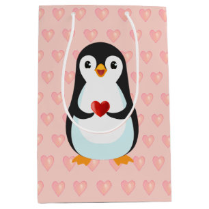 Niedlicher Pinguin mit Herz auf Light Pink Mittlere Geschenktüte