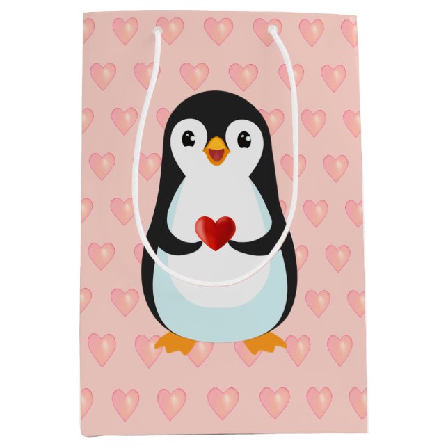 Niedlicher Pinguin mit Herz auf Light Pink Mittlere Geschenktüte (Vorderseite)