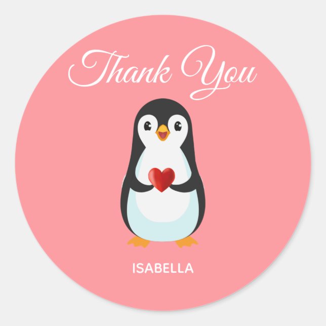 Niedlicher Pinguin mit Herz auf Rosa Danke Runder Aufkleber (Vorderseite)