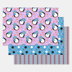 Niedlicher Pinguin mit Hut und Scarf Streifen Polk Geschenkpapier Set