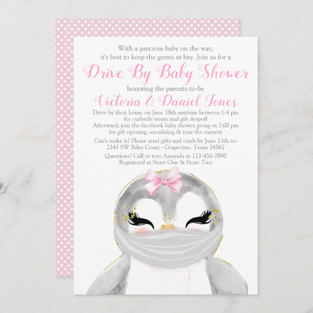 Niedlicher Pinguin mit Maskenantrieb mit Babydusch Einladung (Vorne/Hinten)