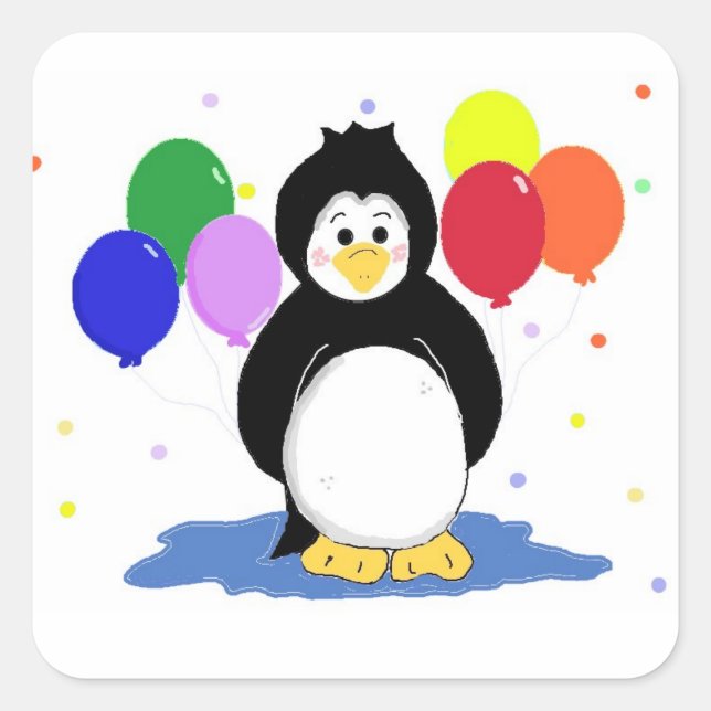 Niedlicher Pinguin mit Party Balloons Quadratischer Aufkleber (Vorderseite)