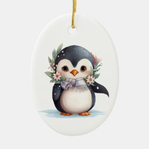 Niedlicher Pinguin mit Scarf und Holly Keramik Ornament