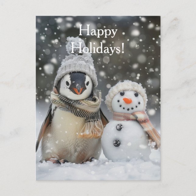 Niedlicher Pinguin mit Schneemann-Winterthema Postkarte (Vorderseite)