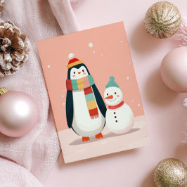 Niedlicher Pinguin mit Snowman Pastel Pink Weihnac Postkarte