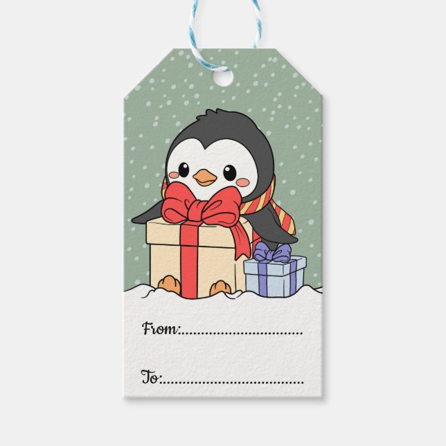 Niedlicher Pinguin mit Weihnachtsgeschenken im Sch Geschenkanhänger (Vorderseite)