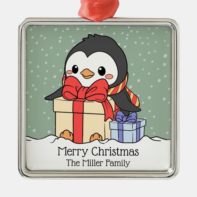 Niedlicher Pinguin mit Weihnachtsgeschenken im Sch Ornament Aus Metall (Vorne)