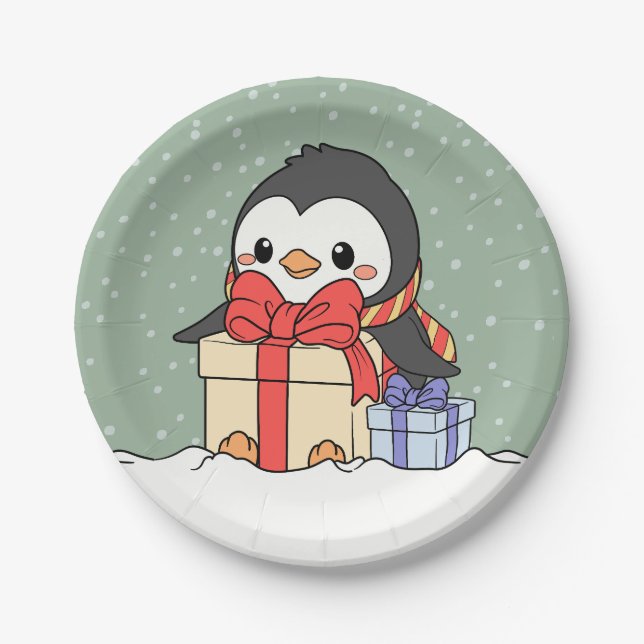 Niedlicher Pinguin mit Weihnachtsgeschenken im Sch Pappteller (Vorderseite)