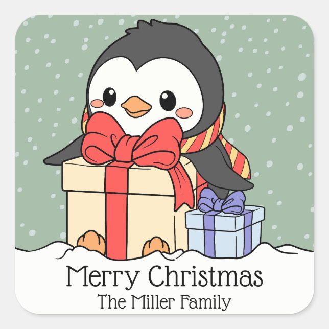 Niedlicher Pinguin mit Weihnachtsgeschenken im Sch Quadratischer Aufkleber (Vorderseite)