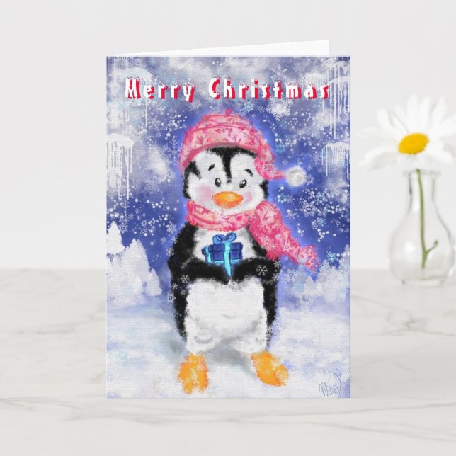 Niedlicher Pinguin mit Weihnachtskarte Karte (Kleine Pflanze)