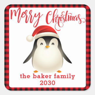 Niedlicher Pinguin mit Weihnachtsmannmütze Weihnac Quadratischer Aufkleber