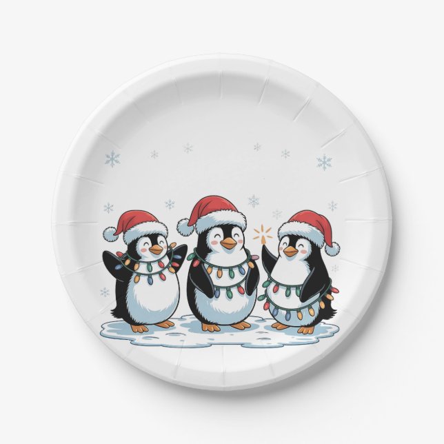 Niedlicher Pinguin mit Weihnachtsmannmütze Xmas Pi Pappteller (Vorderseite)