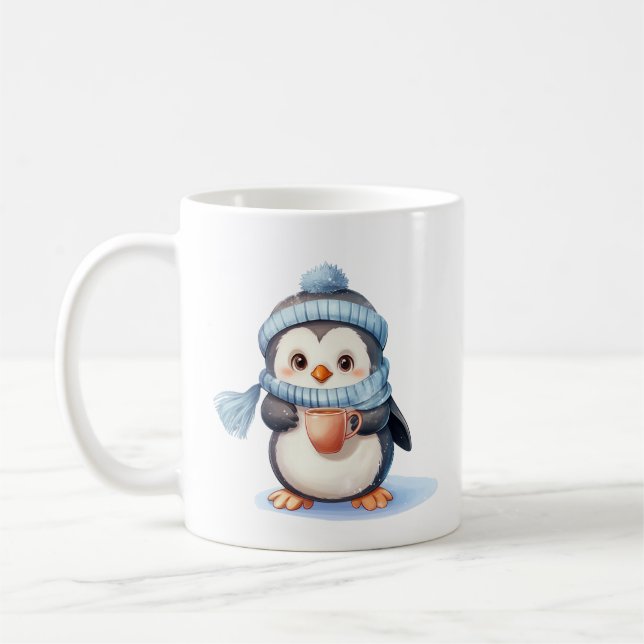 Niedlicher Pinguin mit Winterkleidung und Cup Kaffeetasse (Links)