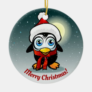 Niedlicher Pinguin mit Xmas-Hat-Cartoon Keramik Ornament