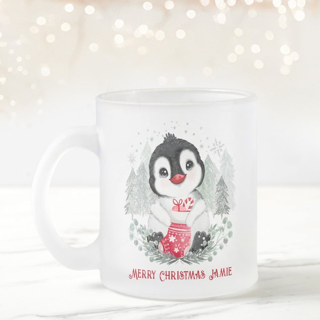 Niedlicher Pinguin Personalisierte Weihnachten Mattglastasse (Cute Penguin Personalized Christmas Frosted Glass Coffee Mug)