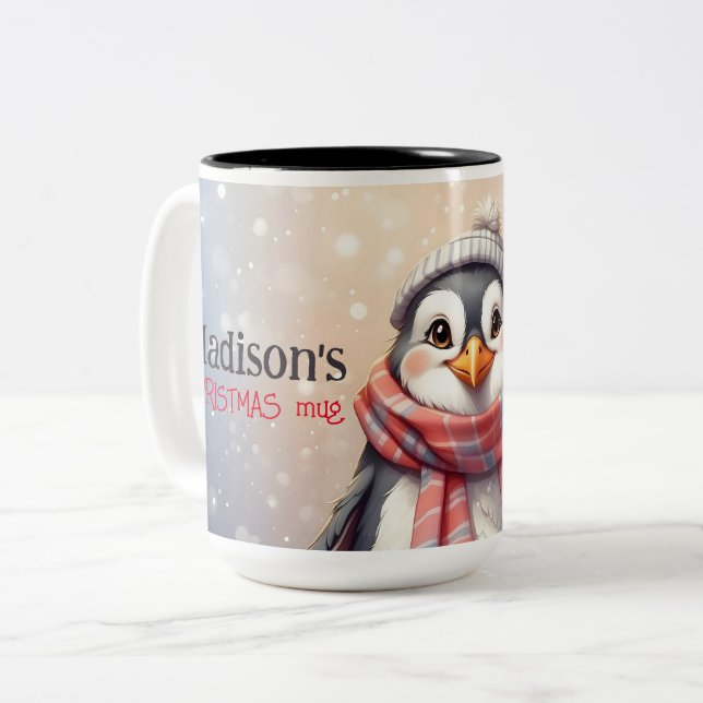 niedlicher Pinguin personalisierte Weihnachten Zweifarbige Tasse (Vorderseite Links)