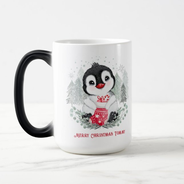 Niedlicher Pinguin Personalisierte Weihnachtszeit  Verwandlungstasse (Links)