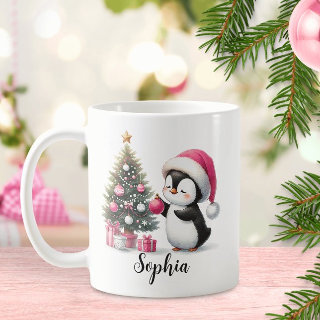 Niedlicher Pinguin Pine Tree Custom Pink Weihnacht Kaffeetasse (Von Creator hochgeladen)