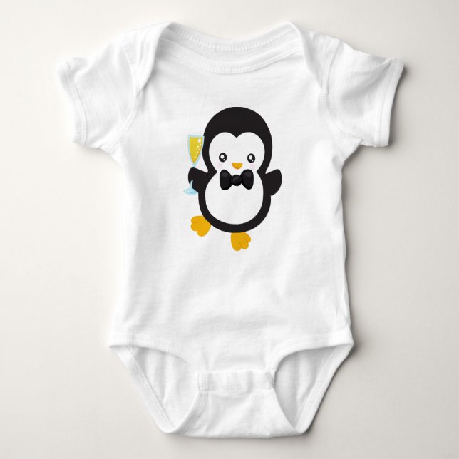 Niedlicher Pinguin, Pinguin mit Champagner, Party Baby Strampler (Vorderseite)