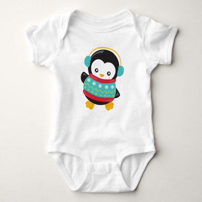 Niedlicher Pinguin, Pinguin mit Pullover, Ohrmusch Baby Strampler (Vorderseite)