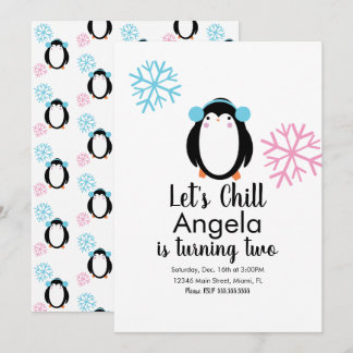Niedlicher Pinguin Pink Blauer Schneeflocken Winte Einladung