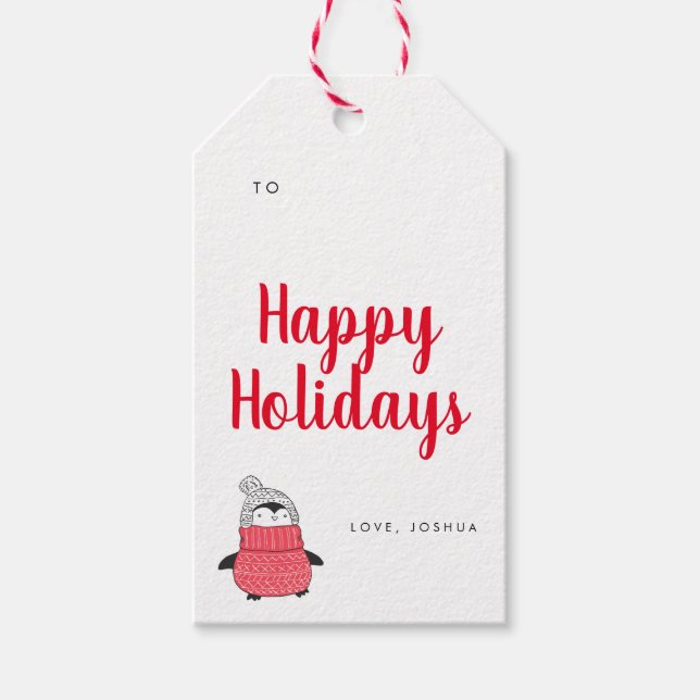 Niedlicher Pinguin Red Typographic Holiday Geschenkanhänger (Vorderseite)