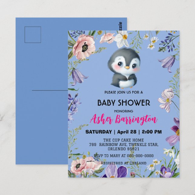 Niedlicher Pinguin Rustikale Blume Babydusche Kind Postkarte (Vorne/Hinten)