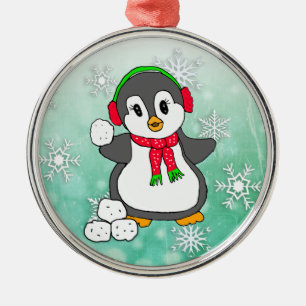Niedlicher Pinguin Schneebälle werfen Weihnachten Ornament Aus Metall