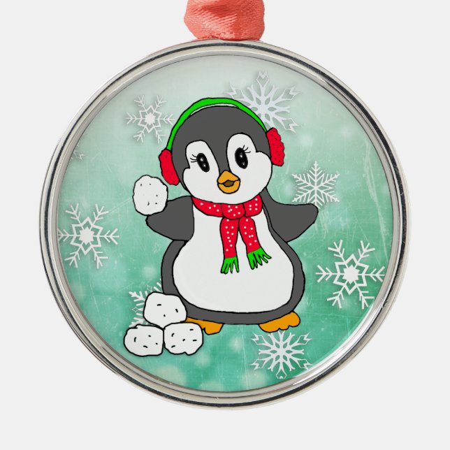 Niedlicher Pinguin Schneebälle werfen Weihnachten Ornament Aus Metall (Vorne)