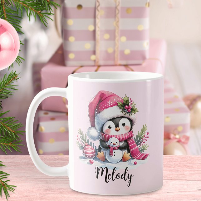 Niedlicher Pinguin-Script-Name Rosa Weihnachten Kaffeetasse (Von Creator hochgeladen)