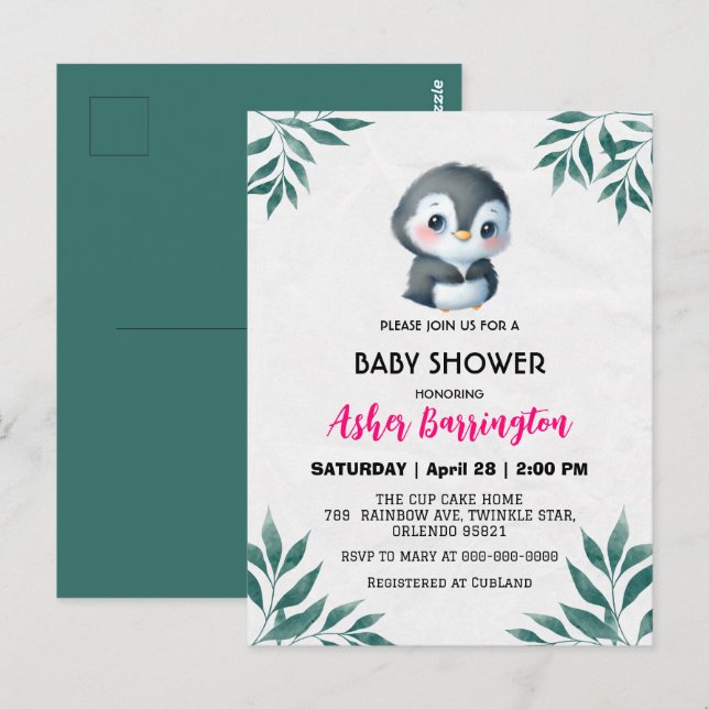Niedlicher Pinguin Spring Blätter Babydusche Kinde Postkarte (Vorne/Hinten)