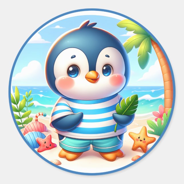 Niedlicher Pinguin-Strand Runder Aufkleber (Vorderseite)