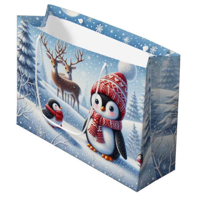 Niedlicher Pinguin und Reindeer Große Geschenktüte (Vorderseite Schrägansicht)